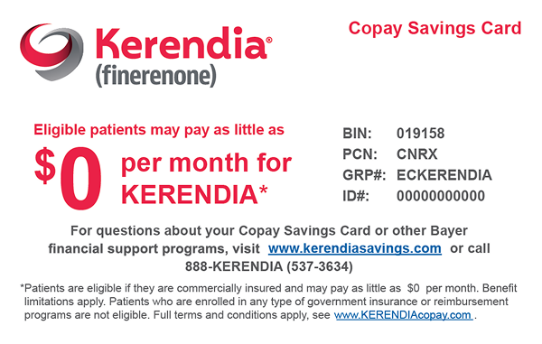 Kerendia Savings Card stating eligible patients may pay as little as $0 per month